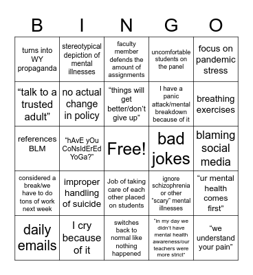 Mental Health Week Effects Bingo Card