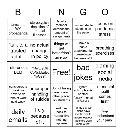 Mental Health Week Effects Bingo Card