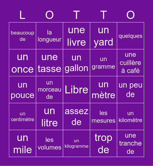 French 2 Unit 24 Mesures et quantités Bingo Card