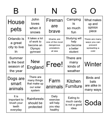 Main Idea Bingo Card