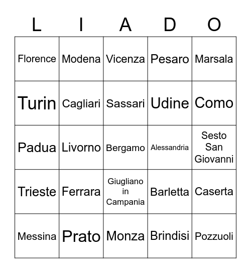 Italian Cities Bingo Card