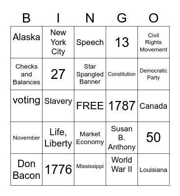Citizenship Bingo Card