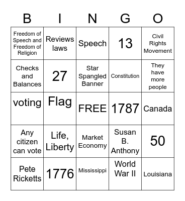 Citizenship Bingo Card