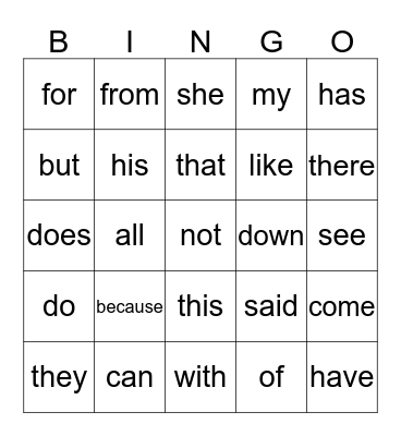Sight Words Bingo Card