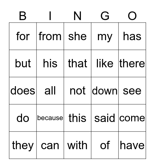 Sight Words Bingo Card