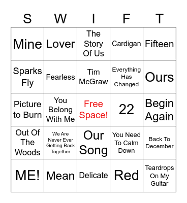 Taylor Swift Bingo Card