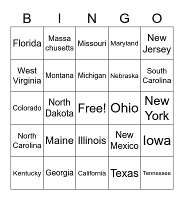 50 States Bingo Card