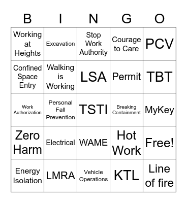 PCV Zero Harm 2021 Bingo Card