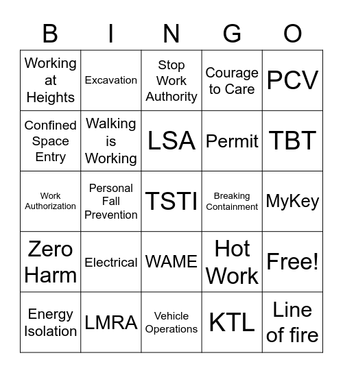 PCV Zero Harm 2021 Bingo Card