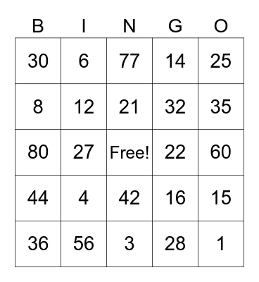 Multiplication Bingo Card
