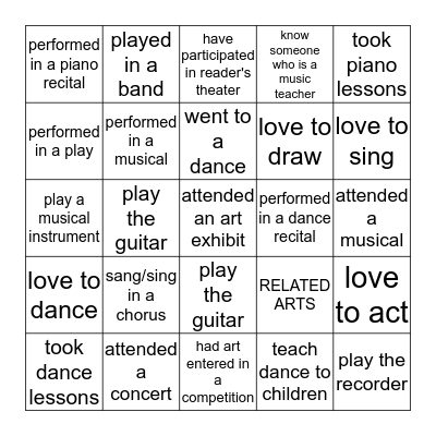 Related Arts  Bingo Card