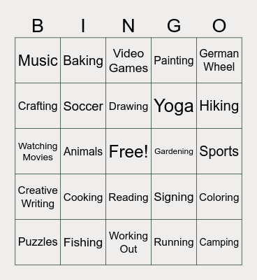 Hobbies Bingo! Bingo Card