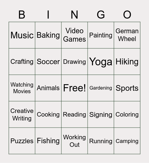 Hobbies Bingo! Bingo Card