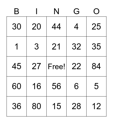 Multiplication Bingo Card