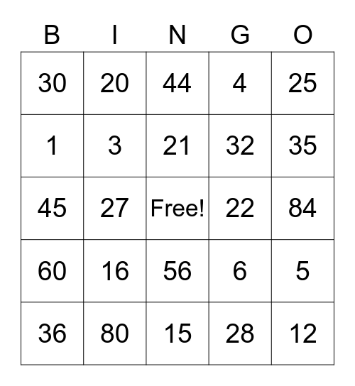 Multiplication Bingo Card