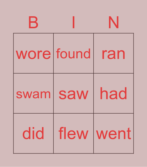 Verbs in past Bingo Card