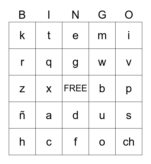Spanish Alphabet Bingo Card