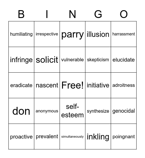 Vocabulary Bingo Card