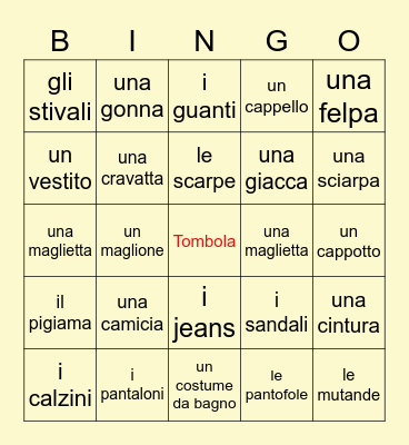 l'abbigliamento/i vestiti Bingo Card