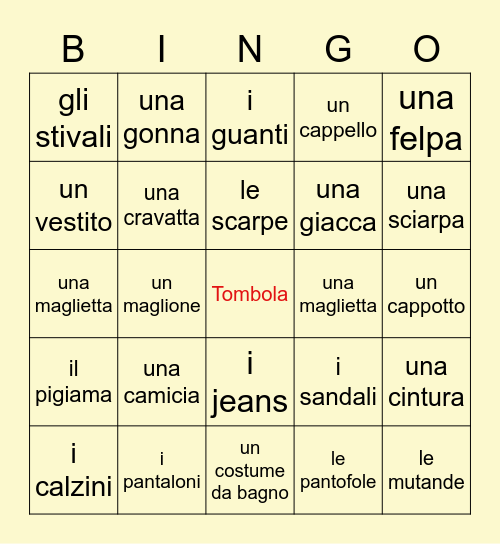 l'abbigliamento/i vestiti Bingo Card