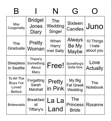 Rom-Com Movie Bingo Card