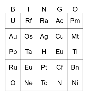 Periodic Table Bingo Card