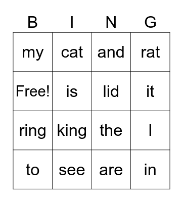 Sight Words Bingo Card