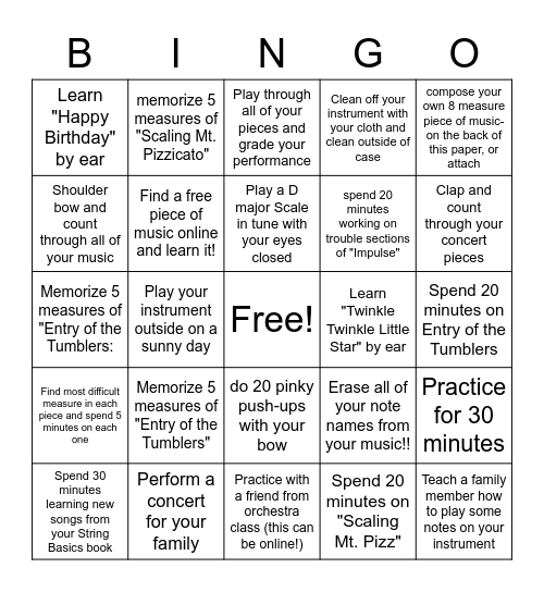 Spring Break 6th Grade Orchestra Bingo Card