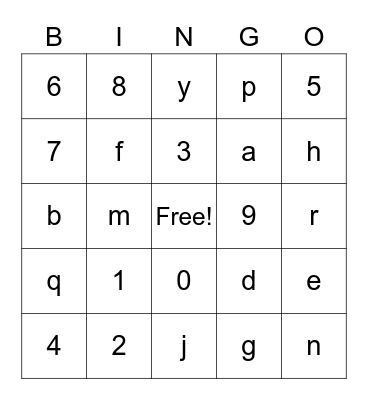 Numbers & Letters Bingo Card