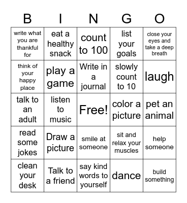 Coping Skills Bingo Card