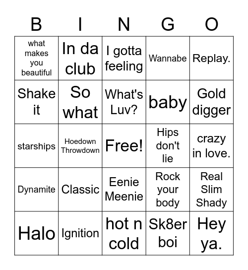 2000's Hits Bingo Card