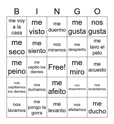 Reflexive verbs Bingo Card