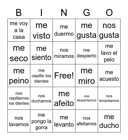 Reflexive verbs Bingo Card