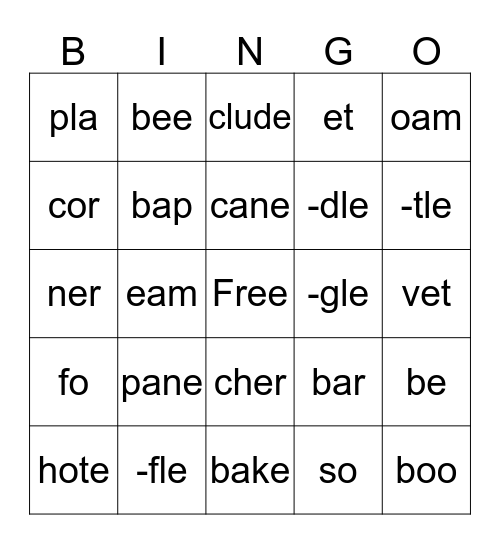 Syllable Type Bingo Card