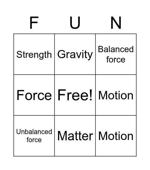 Unbalanced and Balanced Forces Bingo Card