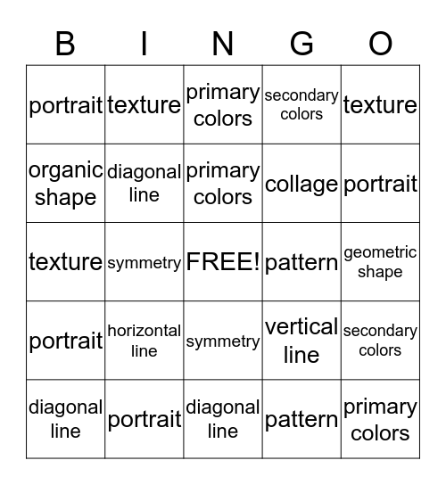 Grade 1 ART BINGO Card