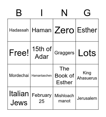 Purim Bingo Card