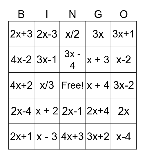 Algebraic Expressions Bingo Card