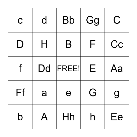 Alphabet a-h Bingo Card