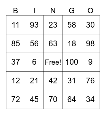 Place Value Bingo Card