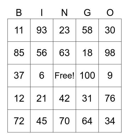 Place Value Bingo Card