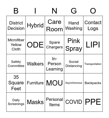 Return to Learn Staff Training Bingo Card