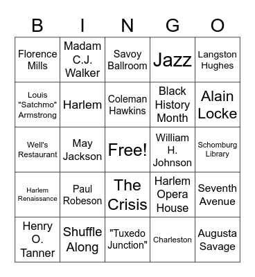 Harlem Renaissance Party Bingo Card