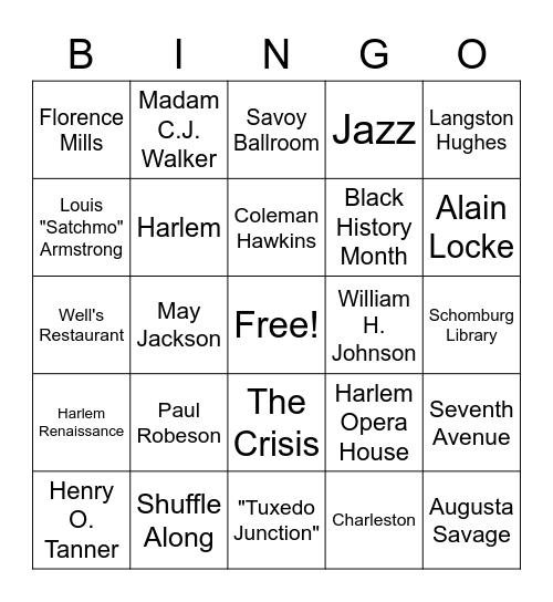 Harlem Renaissance Party Bingo Card
