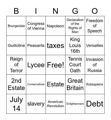 Engrahm French Revolution Bingo Card