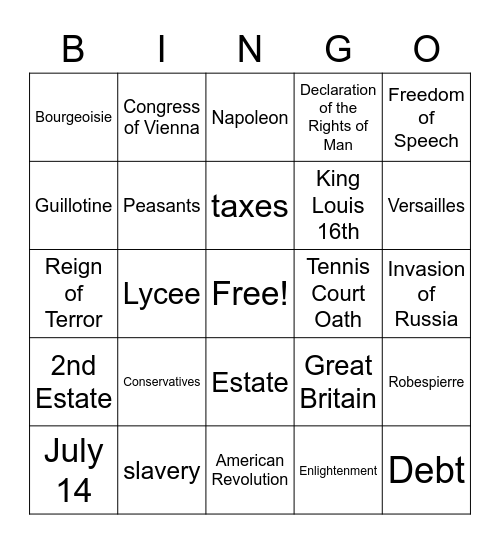 Engrahm French Revolution Bingo Card