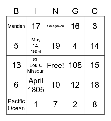 Lewis and Clark Bingo Card