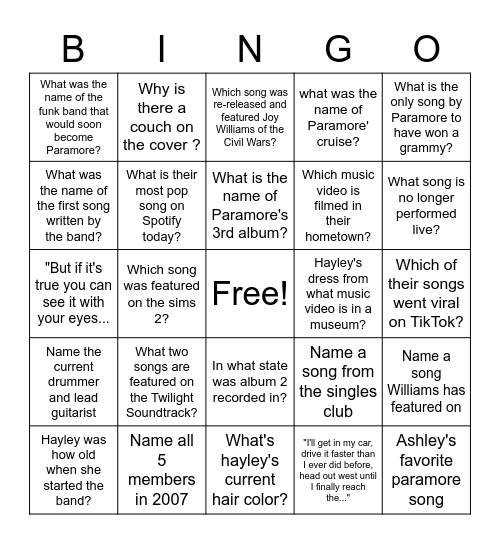 Paramore Bingo Card