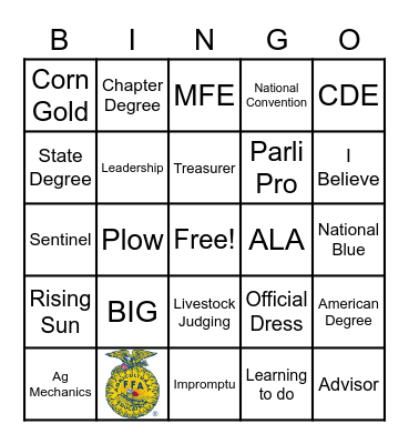 O'Neals-MInarets FFA Bingo Card