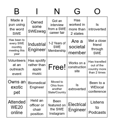 All OH SWE Bingo Card